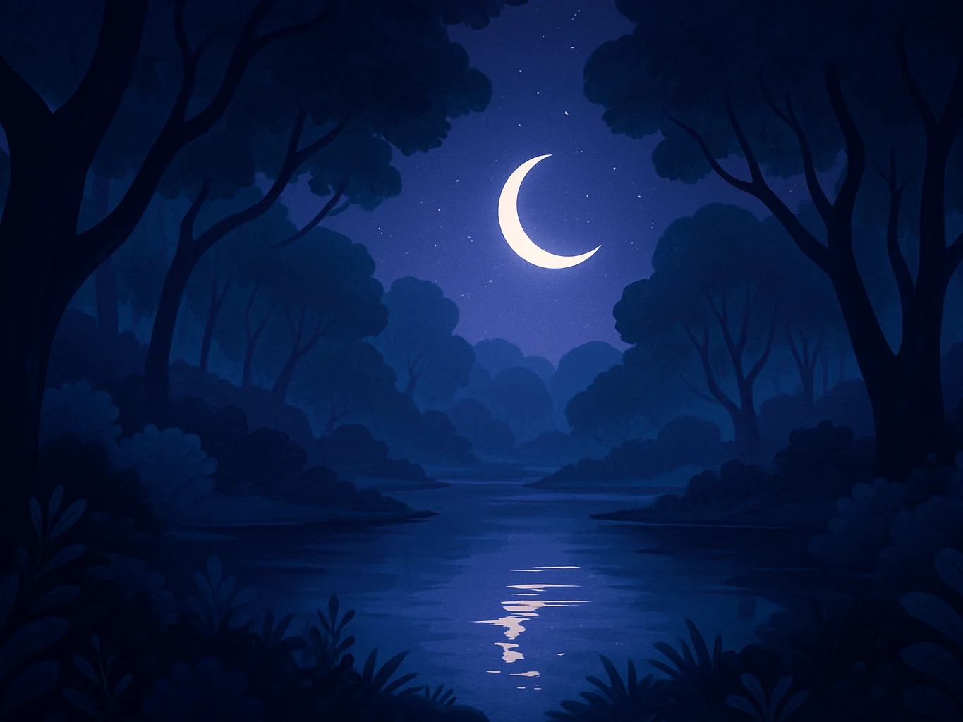 Ilustração digital de uma floresta noturna com lua crescente suav