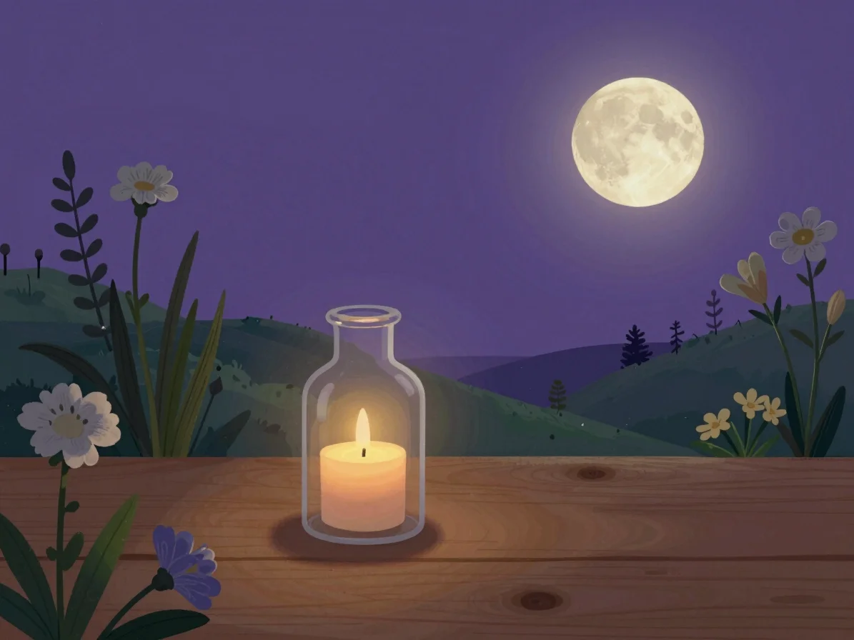Ilustração digital de ervas, flores e um frasco de óleo sobre uma