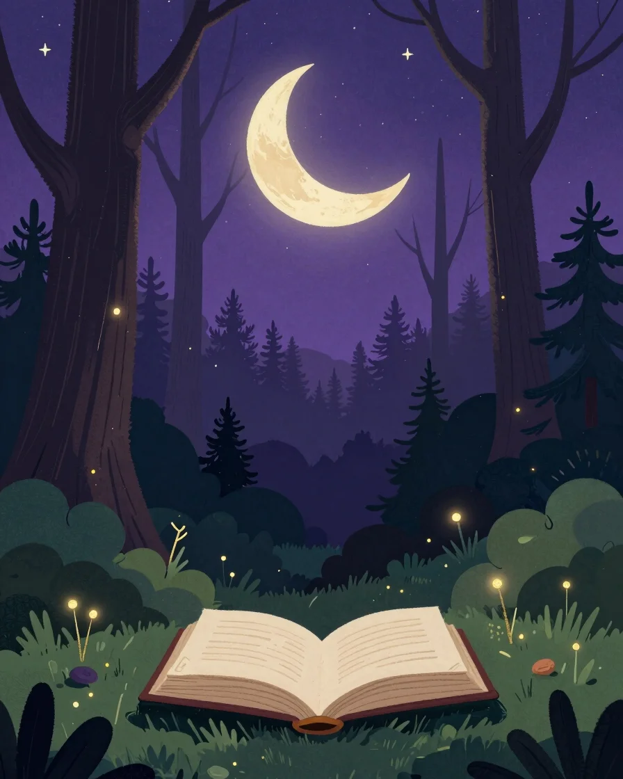 Ilustração digital de uma floresta noturna com uma lua crescente