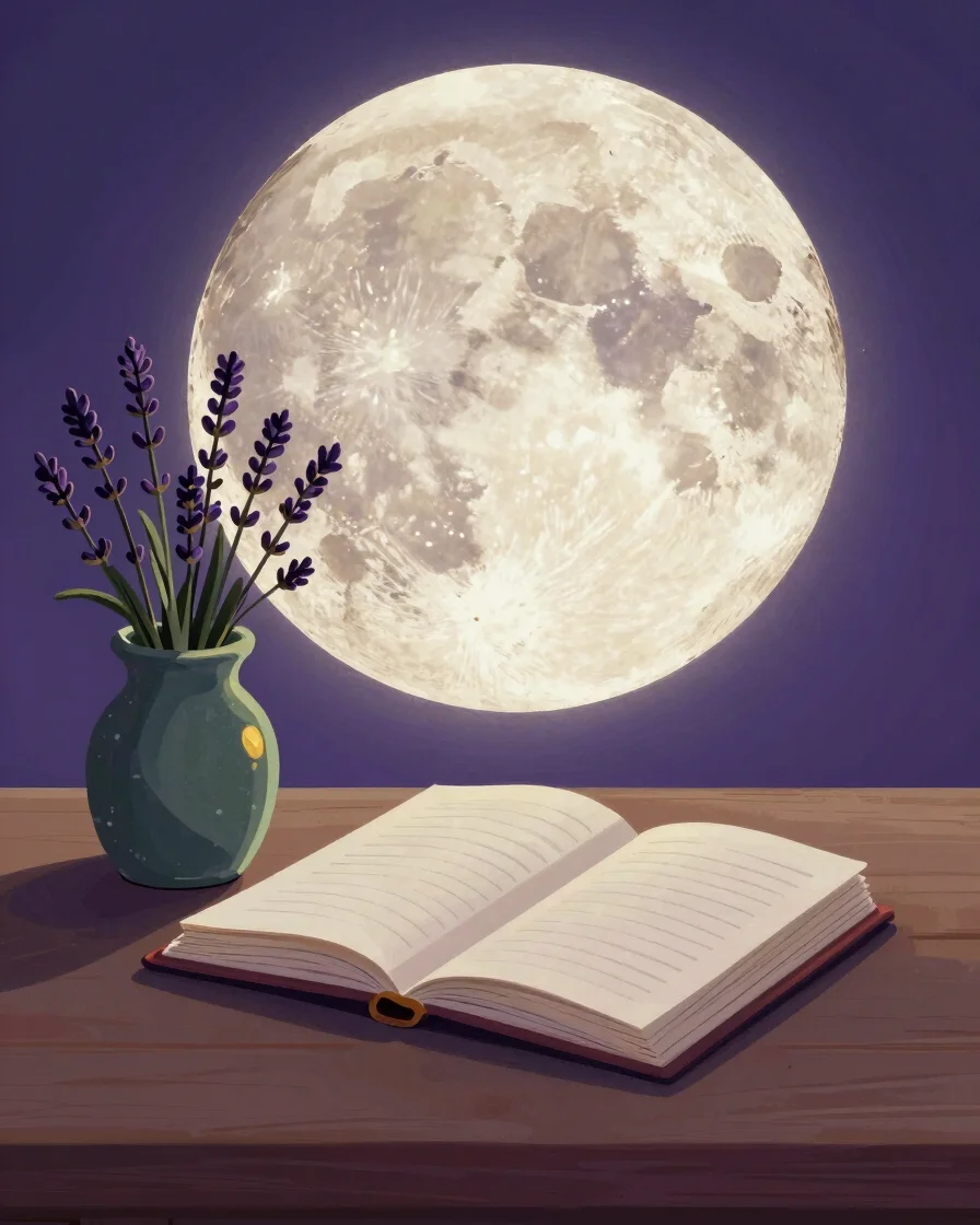 Ilustração digital de uma mesa de leitura sob a luz da lua, com u