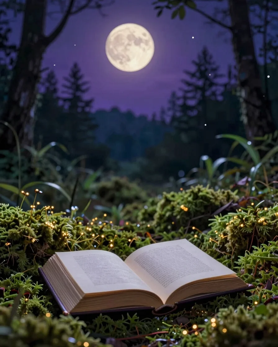 Ilustração digital de floresta noturna sob uma lua crescente, est